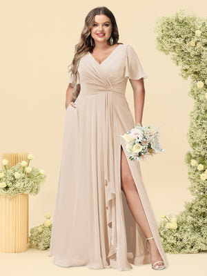 A-Line/Princess V-Neck Sleeveless Chiffon Plus Size Bridesmaid Dresses with Pockets