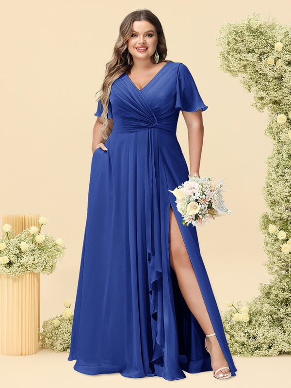 A-Line/Princess V-Neck Sleeveless Chiffon Plus Size Bridesmaid Dresses with Pockets