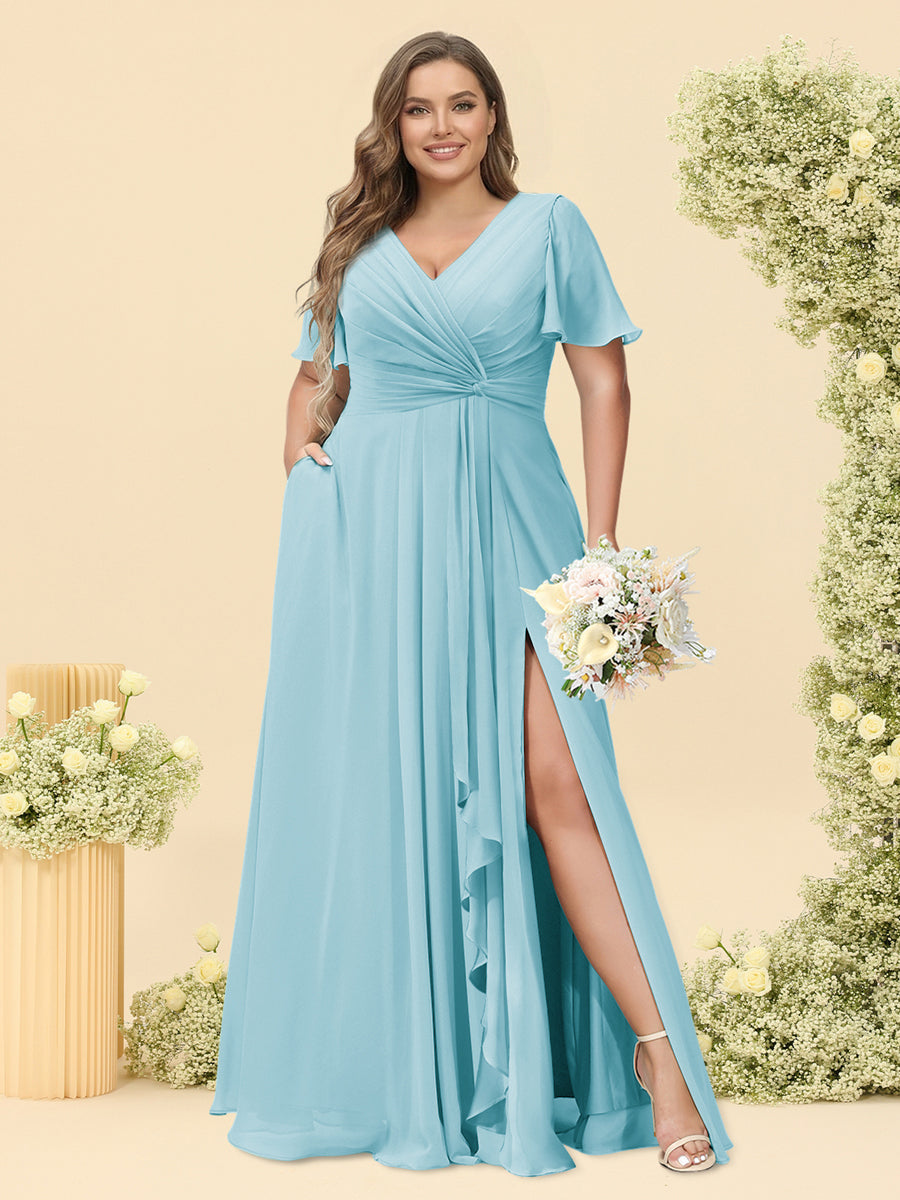 A-Line/Princess V-Neck Sleeveless Chiffon Plus Size Bridesmaid Dresses with Pockets