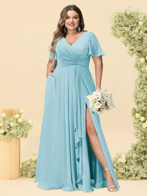 A-Line/Princess V-Neck Sleeveless Chiffon Plus Size Bridesmaid Dresses with Pockets
