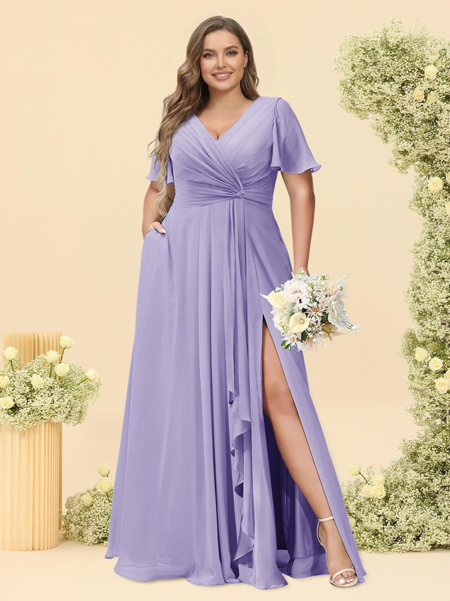 A-Line/Princess V-Neck Sleeveless Chiffon Plus Size Bridesmaid Dresses with Pockets