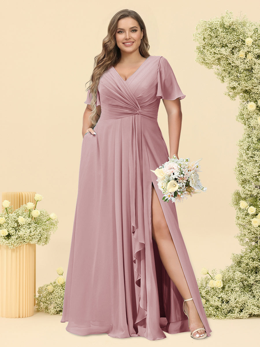 A-Line/Princess V-Neck Sleeveless Chiffon Plus Size Bridesmaid Dresses with Pockets