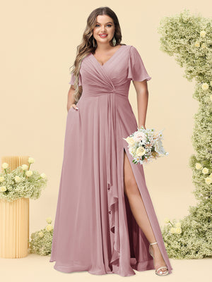 A-Line/Princess V-Neck Sleeveless Chiffon Plus Size Bridesmaid Dresses with Pockets