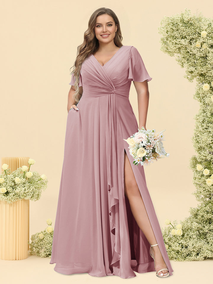 A-Line/Princess V-Neck Sleeveless Chiffon Plus Size Bridesmaid Dresses with Pockets