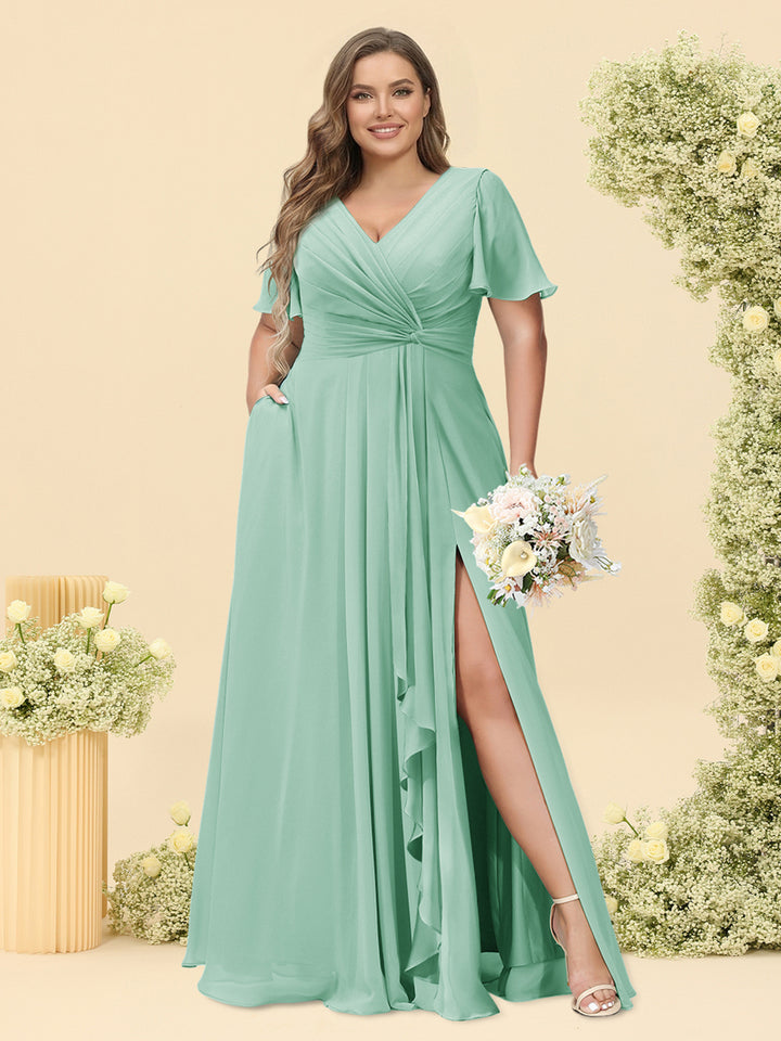 A-Line/Princess V-Neck Sleeveless Chiffon Plus Size Bridesmaid Dresses with Pockets