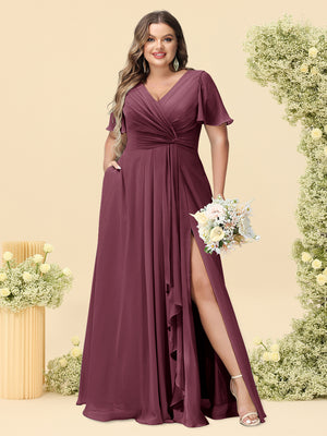 A-Line/Princess V-Neck Sleeveless Chiffon Plus Size Bridesmaid Dresses with Pockets