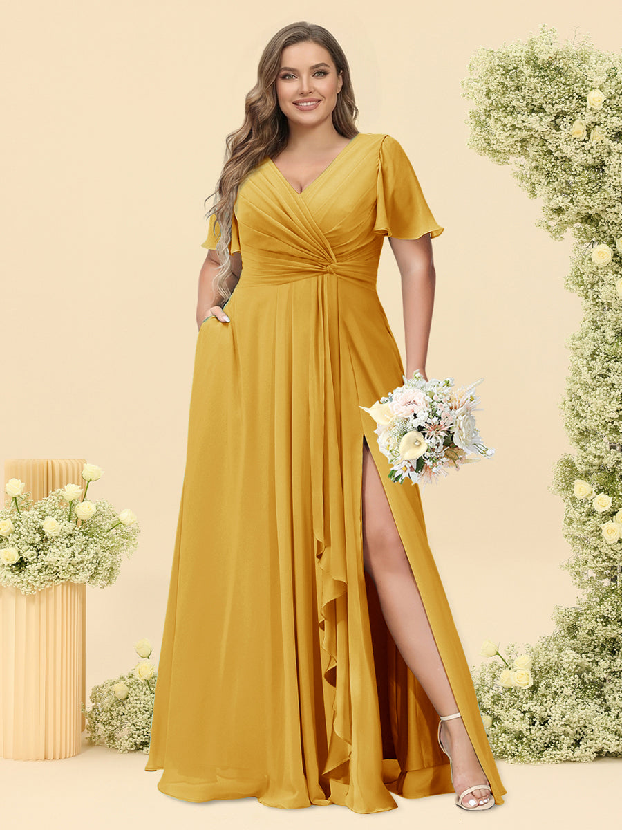 A-Line/Princess V-Neck Sleeveless Chiffon Plus Size Bridesmaid Dresses with Pockets