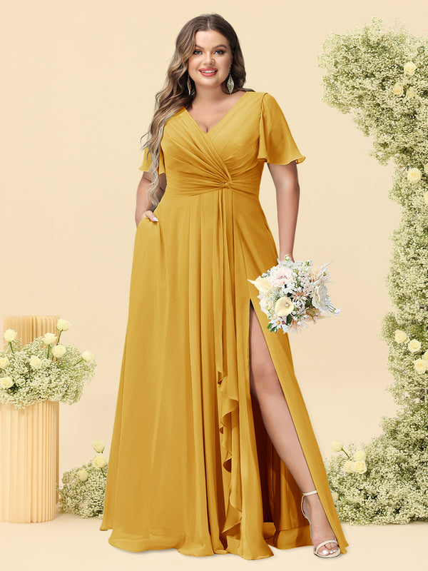 A-Line/Princess V-Neck Sleeveless Chiffon Plus Size Bridesmaid Dresses with Pockets