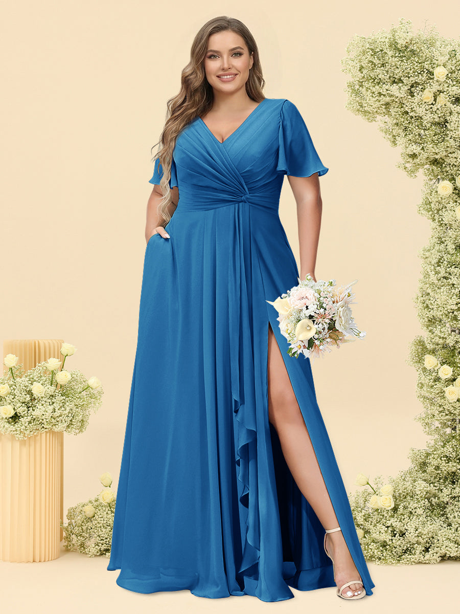 A-Line/Princess V-Neck Sleeveless Chiffon Plus Size Bridesmaid Dresses with Pockets