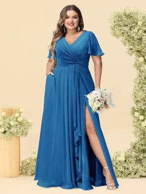 A-Line/Princess V-Neck Sleeveless Chiffon Plus Size Bridesmaid Dresses with Pockets