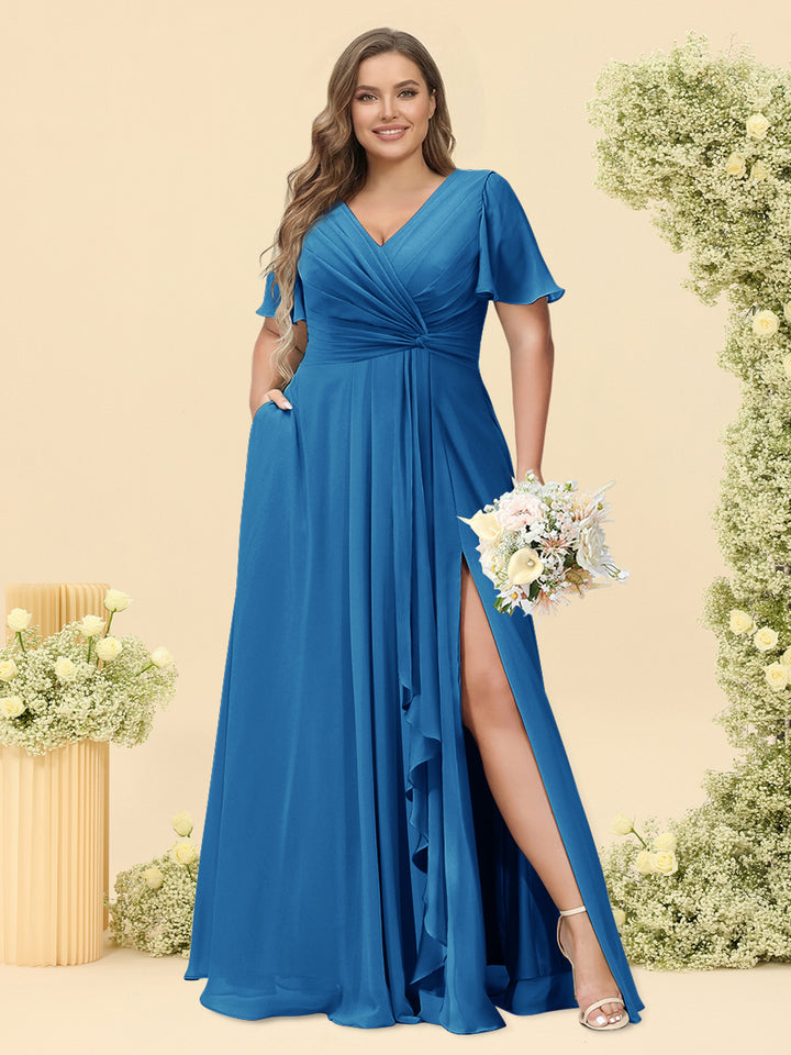 A-Line/Princess V-Neck Sleeveless Chiffon Plus Size Bridesmaid Dresses with Pockets