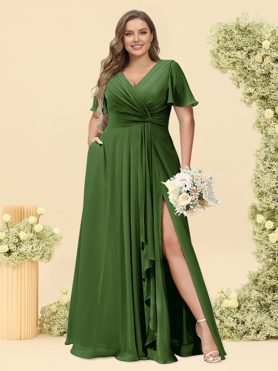 A-Line/Princess V-Neck Sleeveless Chiffon Plus Size Bridesmaid Dresses with Pockets
