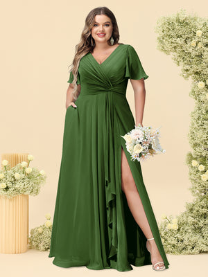 A-Line/Princess V-Neck Sleeveless Chiffon Plus Size Bridesmaid Dresses with Pockets