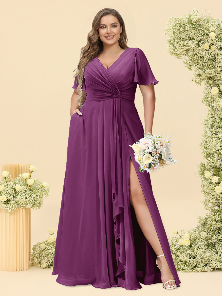 A-Line/Princess V-Neck Sleeveless Chiffon Plus Size Bridesmaid Dresses with Pockets
