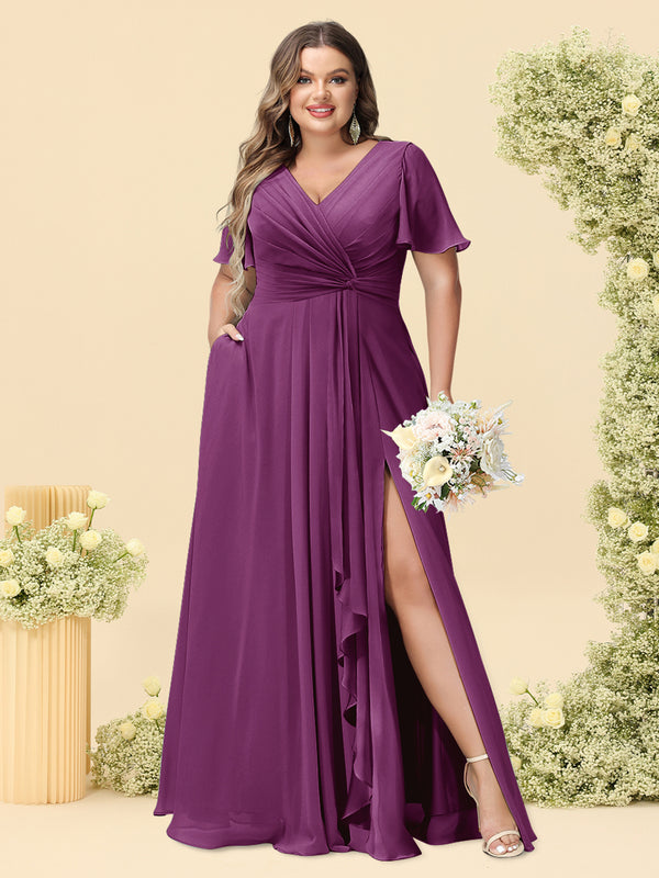 A-Line/Princess V-Neck Sleeveless Chiffon Plus Size Bridesmaid Dresses with Pockets