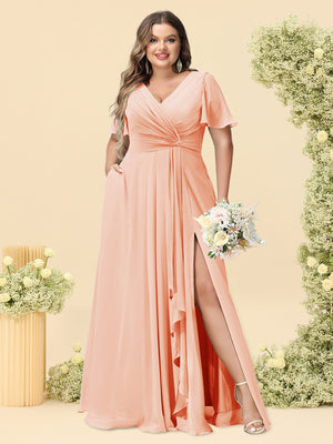 A-Line/Princess V-Neck Sleeveless Chiffon Plus Size Bridesmaid Dresses with Pockets