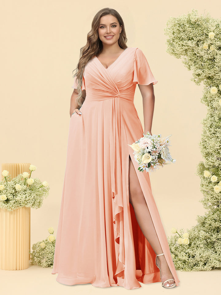 A-Line/Princess V-Neck Sleeveless Chiffon Plus Size Bridesmaid Dresses with Pockets