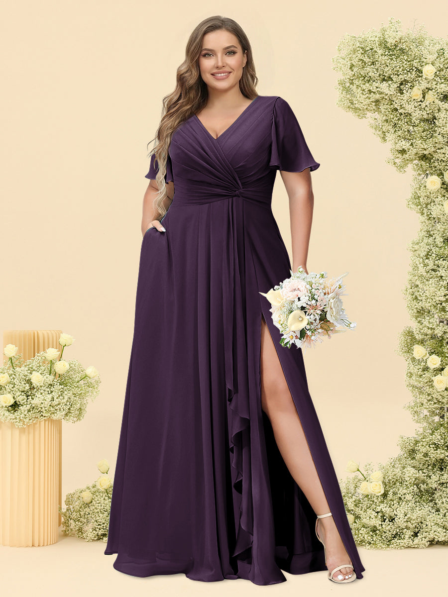 A-Line/Princess V-Neck Sleeveless Chiffon Plus Size Bridesmaid Dresses with Pockets