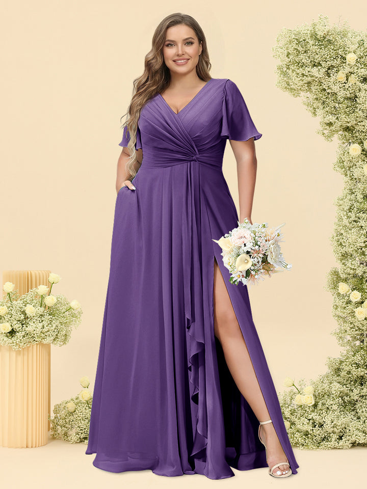 A-Line/Princess V-Neck Sleeveless Chiffon Plus Size Bridesmaid Dresses with Pockets