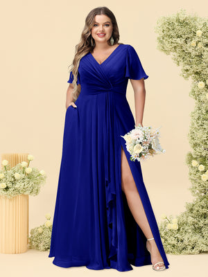 A-Line/Princess V-Neck Sleeveless Chiffon Plus Size Bridesmaid Dresses with Pockets