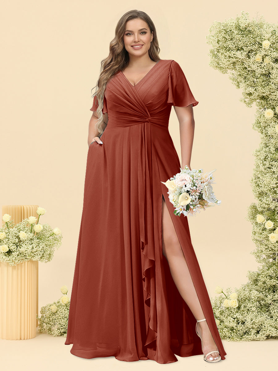 A-Line/Princess V-Neck Sleeveless Chiffon Plus Size Bridesmaid Dresses with Pockets