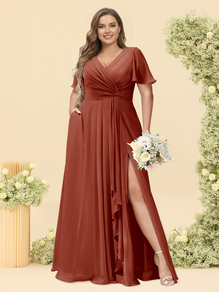 A-Line/Princess V-Neck Sleeveless Chiffon Plus Size Bridesmaid Dresses with Pockets