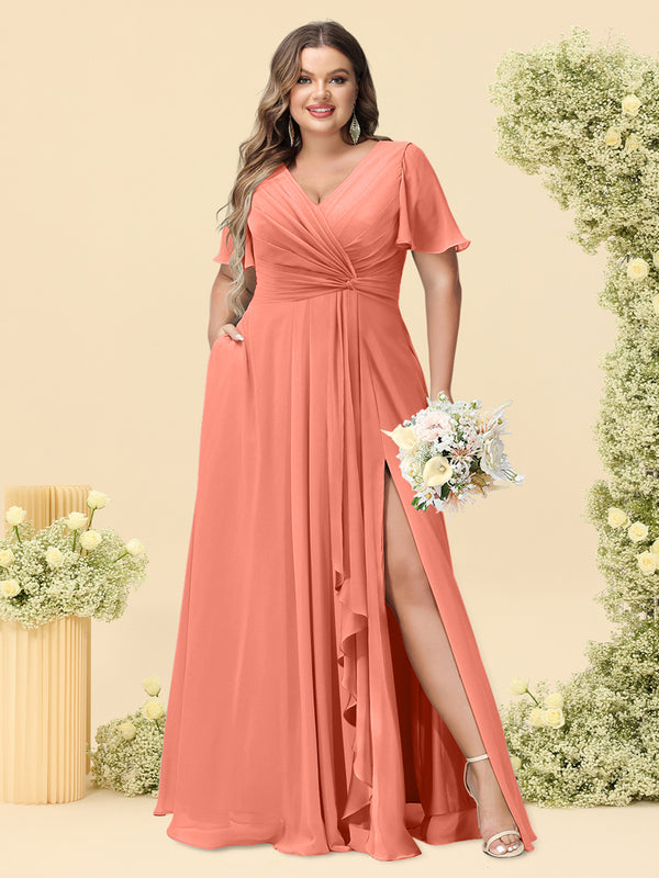 A-Line/Princess V-Neck Sleeveless Chiffon Plus Size Bridesmaid Dresses with Pockets