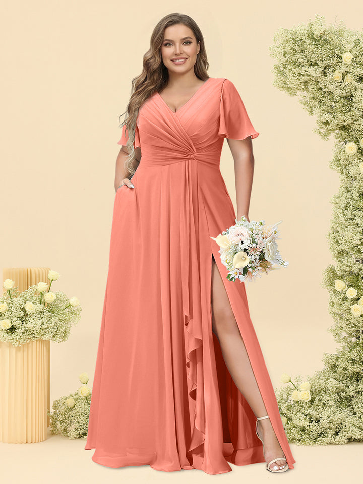 A-Line/Princess V-Neck Sleeveless Chiffon Plus Size Bridesmaid Dresses with Pockets