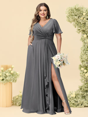 A-Line/Princess V-Neck Sleeveless Chiffon Plus Size Bridesmaid Dresses with Pockets