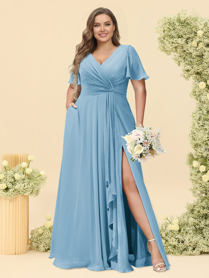 A-Line/Princess V-Neck Sleeveless Chiffon Plus Size Bridesmaid Dresses with Pockets