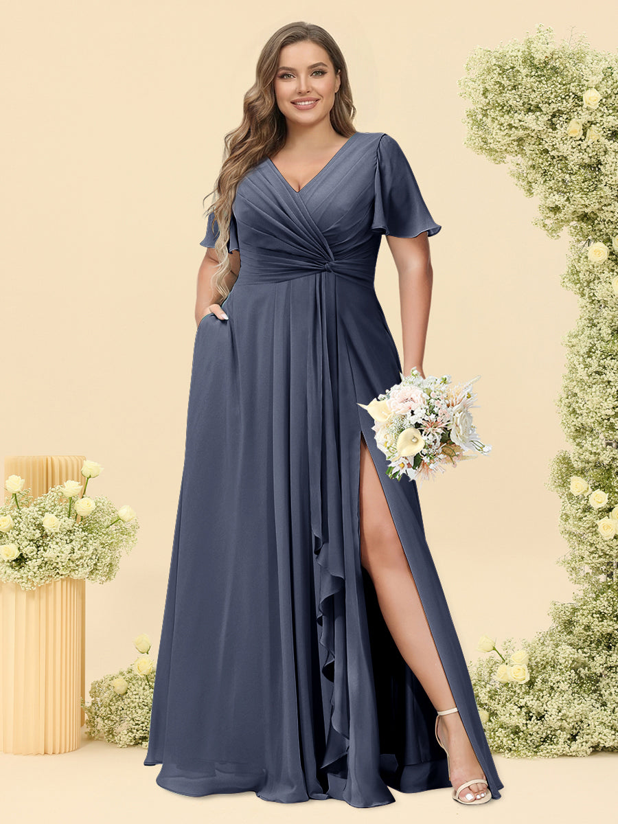 A-Line/Princess V-Neck Sleeveless Chiffon Plus Size Bridesmaid Dresses with Pockets
