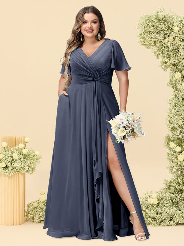 A-Line/Princess V-Neck Sleeveless Chiffon Plus Size Bridesmaid Dresses with Pockets