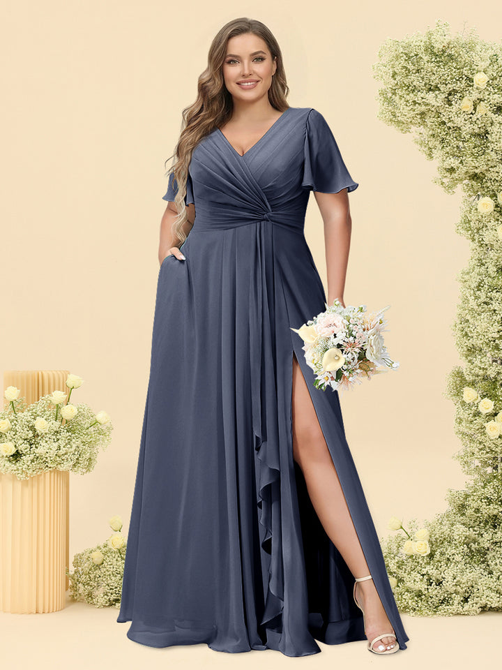 A-Line/Princess V-Neck Sleeveless Chiffon Plus Size Bridesmaid Dresses with Pockets