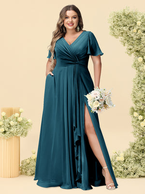 A-Line/Princess V-Neck Sleeveless Chiffon Plus Size Bridesmaid Dresses with Pockets