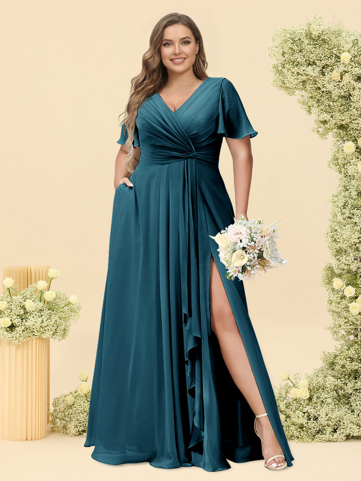 A-Line/Princess V-Neck Sleeveless Chiffon Plus Size Bridesmaid Dresses with Pockets