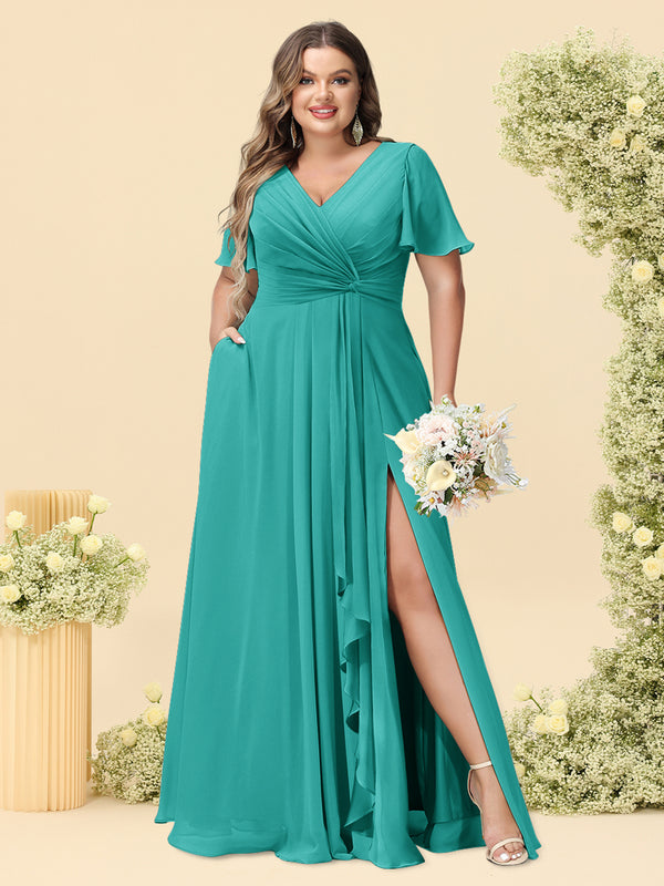 A-Line/Princess V-Neck Sleeveless Chiffon Plus Size Bridesmaid Dresses with Pockets