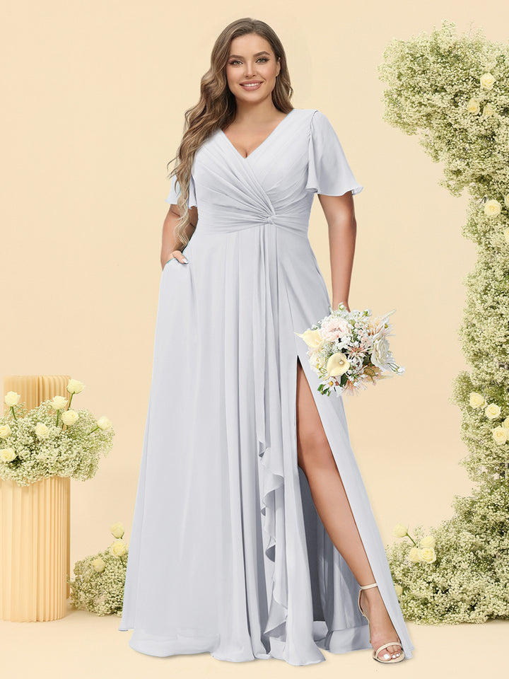 A-Line/Princess V-Neck Sleeveless Chiffon Plus Size Bridesmaid Dresses with Pockets