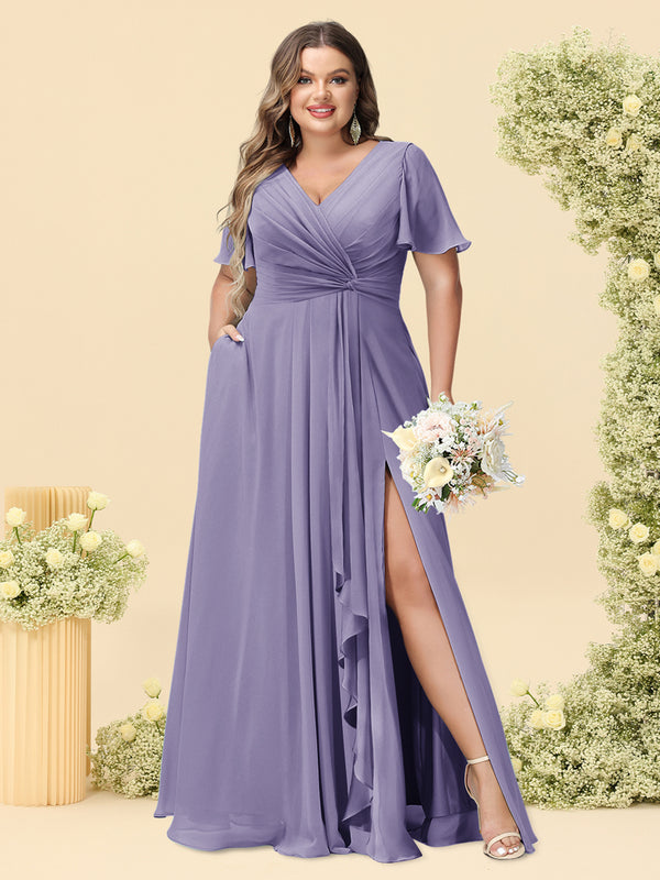 A-Line/Princess V-Neck Sleeveless Chiffon Plus Size Bridesmaid Dresses with Pockets