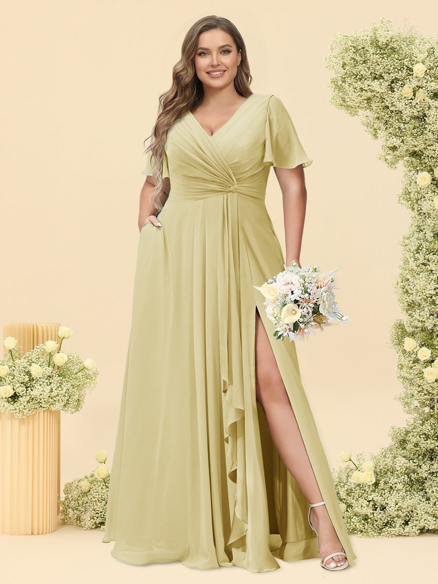 A-Line/Princess V-Neck Sleeveless Chiffon Plus Size Bridesmaid Dresses with Pockets