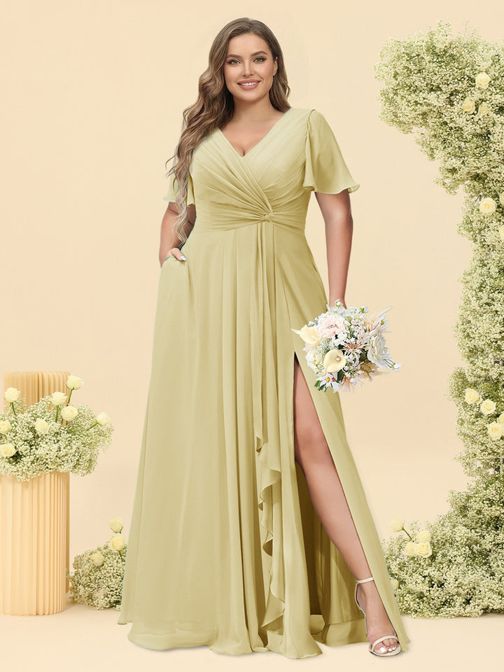 A-Line/Princess V-Neck Sleeveless Chiffon Plus Size Bridesmaid Dresses with Pockets
