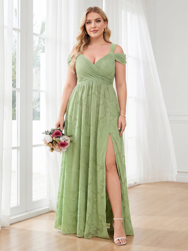 A-Line/Princess V-Neck Floor-Length Plus Size Bridesmaid Dresses With Split Side &amp; Ruched