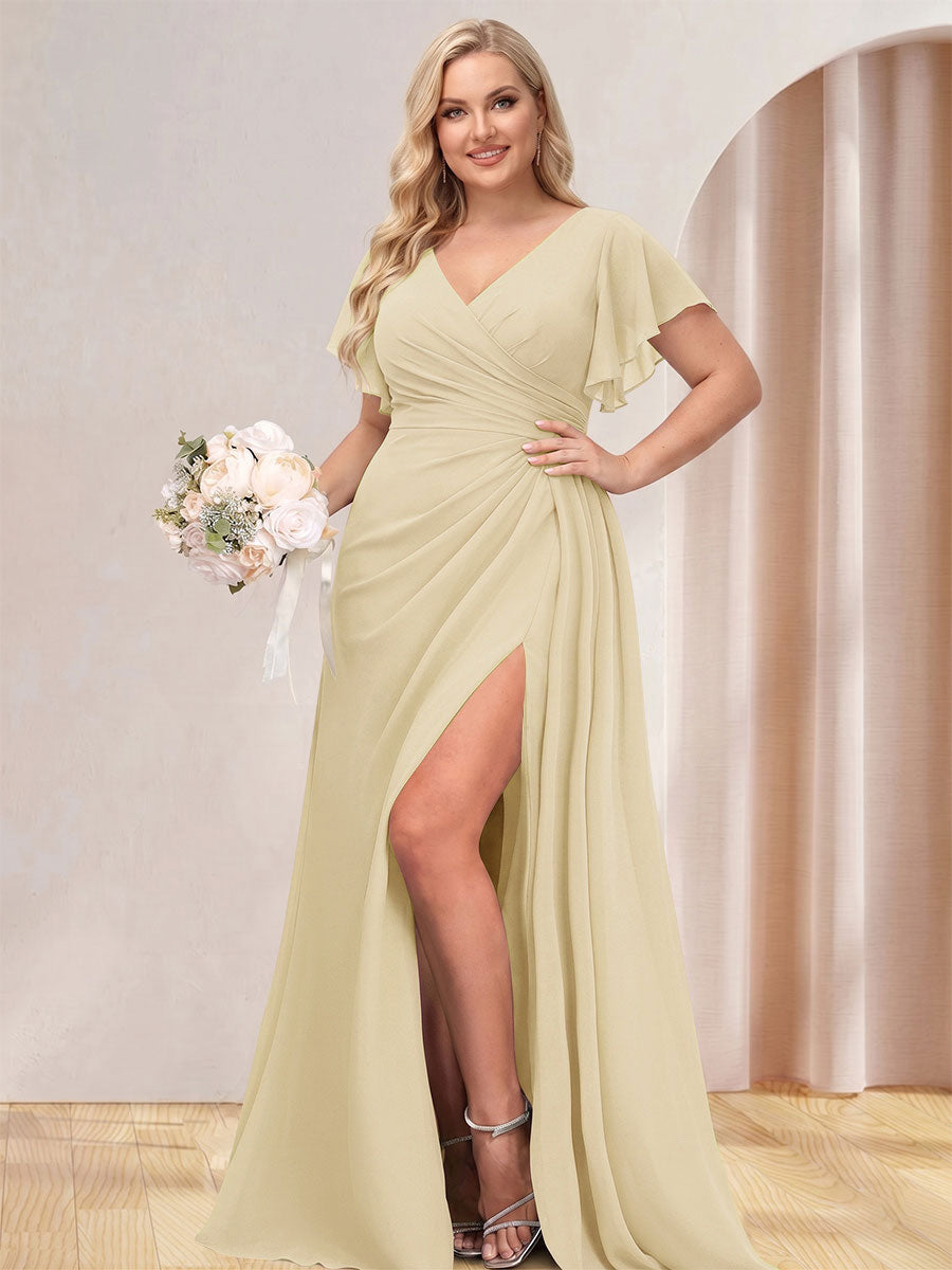 A-Line/Princess V-Neck Long Plus Size Bridesmaid Dresses with Split Side