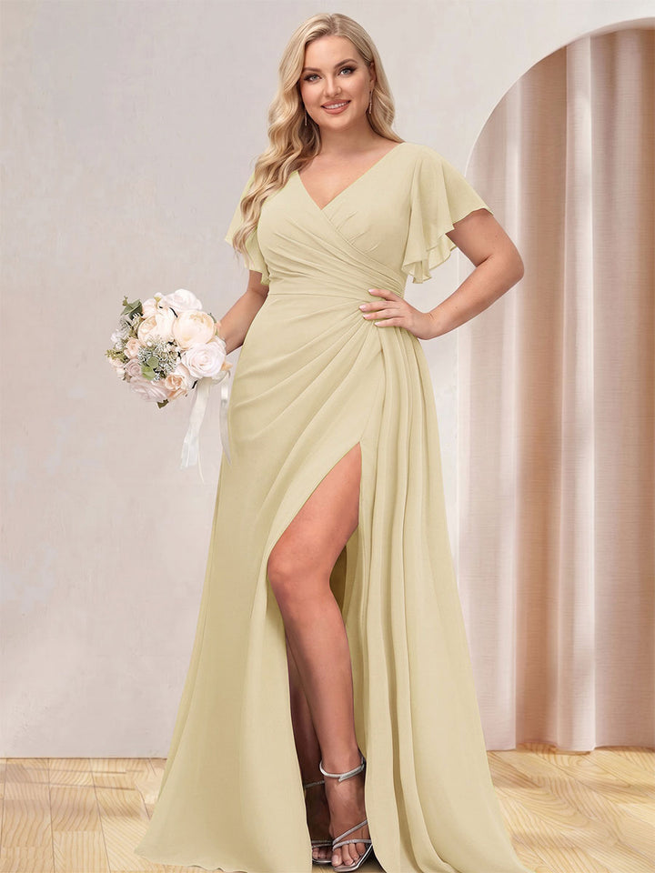 A-Line/Princess V-Neck Long Plus Size Bridesmaid Dresses with Split Side