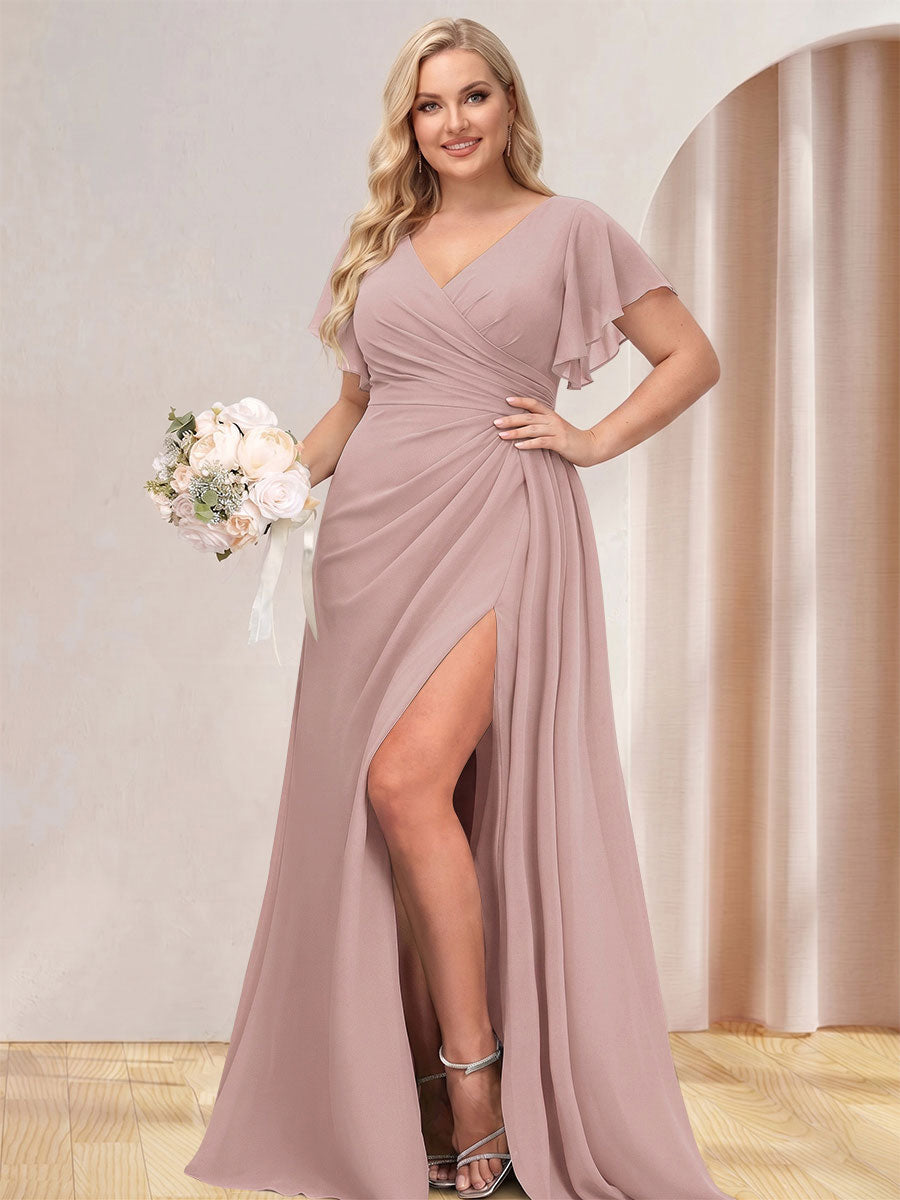 A-Line/Princess V-Neck Long Plus Size Bridesmaid Dresses with Split Side