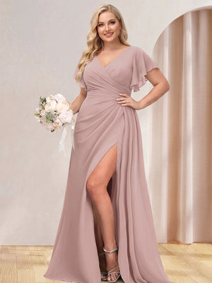 A-Line/Princess V-Neck Long Plus Size Bridesmaid Dresses with Split Side