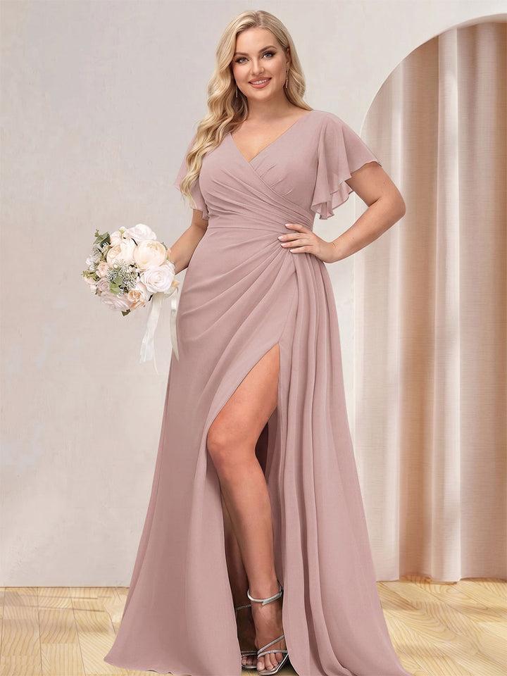 A-Line/Princess V-Neck Long Plus Size Bridesmaid Dresses with Split Side