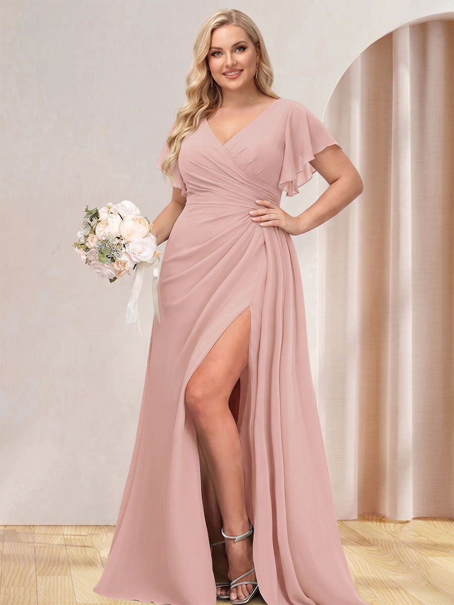 A-Line/Princess V-Neck Long Plus Size Bridesmaid Dresses with Split Side