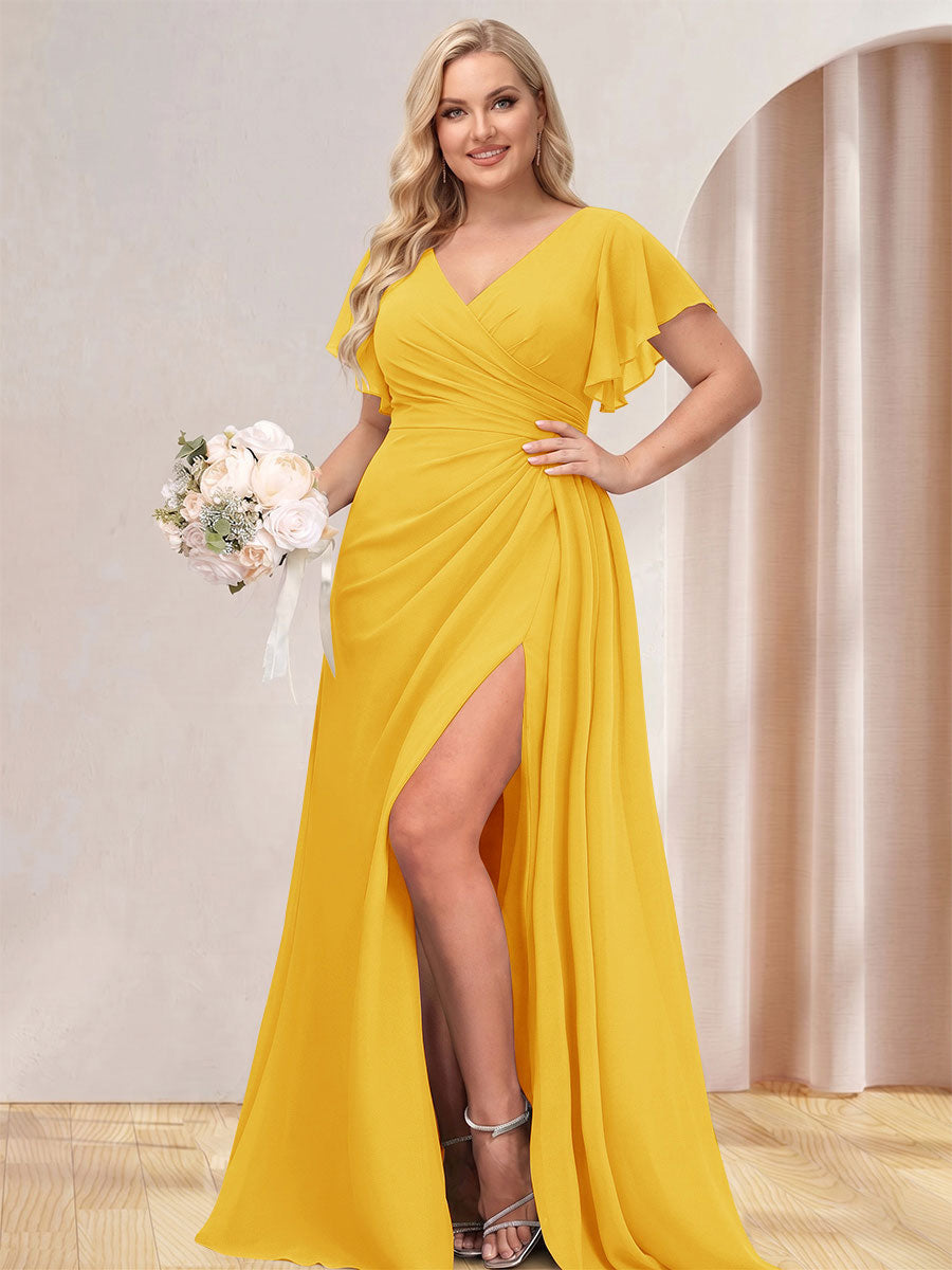 Lavetir Gold A-Line/Princess V-Neck Long Plus Size Bridesmaid Dresses with Split Side 2026