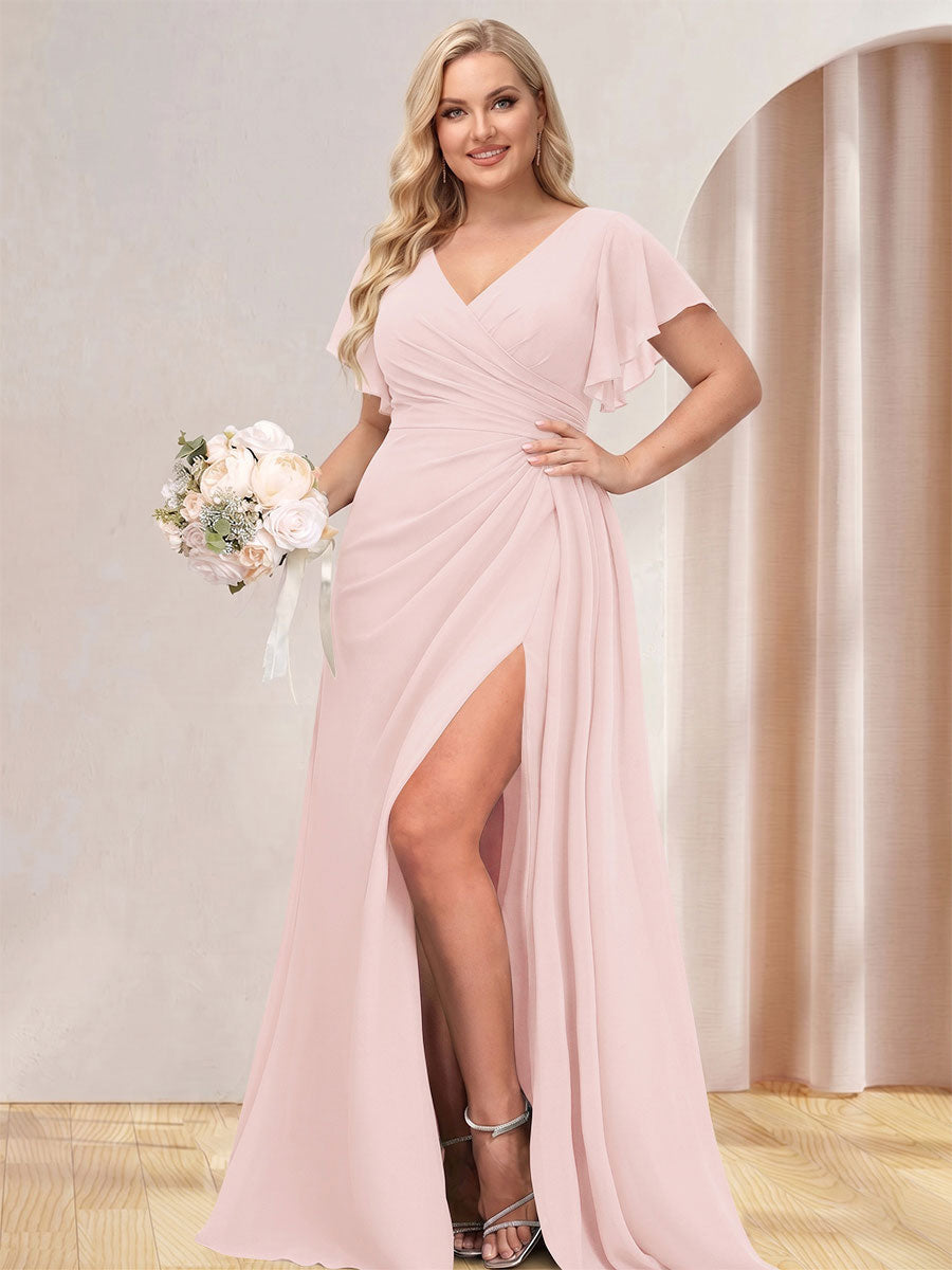 A-Line/Princess V-Neck Long Plus Size Bridesmaid Dresses with Split Side