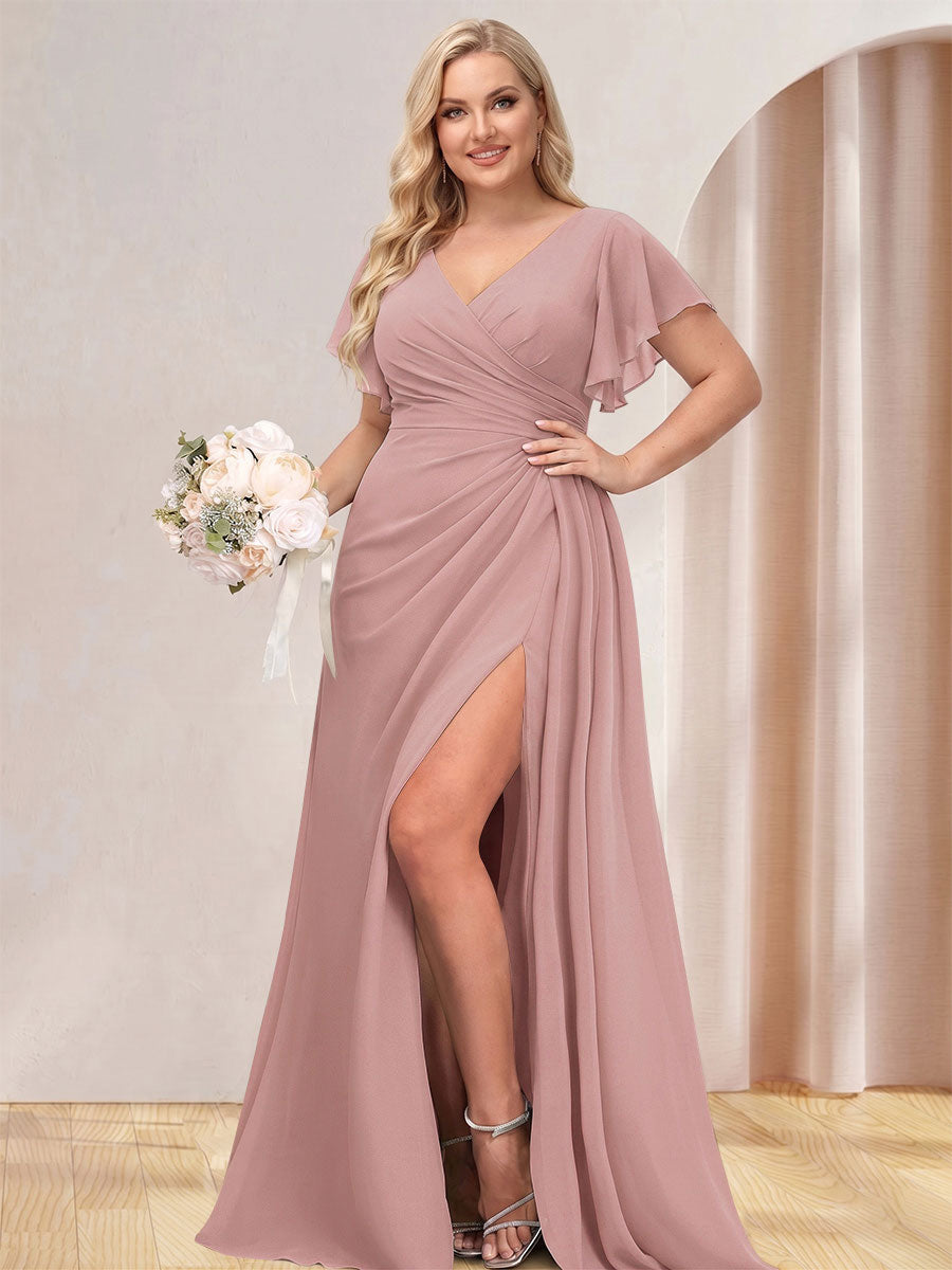 A-Line/Princess V-Neck Long Plus Size Bridesmaid Dresses with Split Side